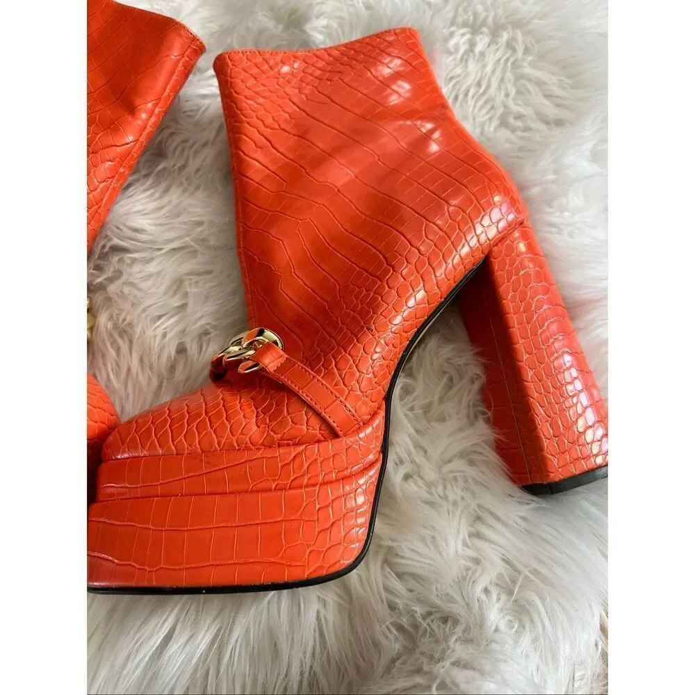 Ego orange Chunky Heels Short Boots, Waterproof Platform Back Zipper High Heel B